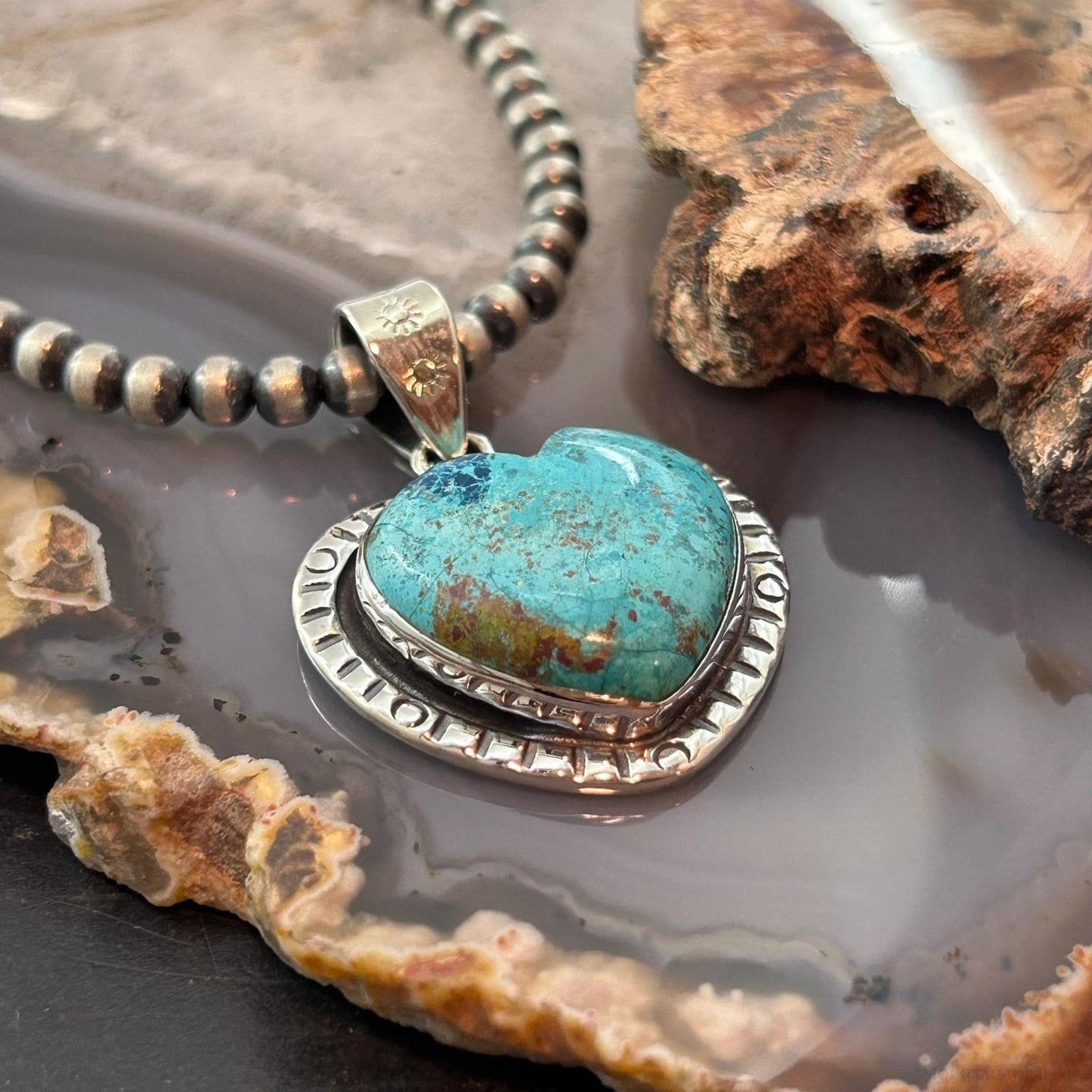 Sterling Silver Southwestern Style Chrysocolla Decorated Heart Pendant For Women