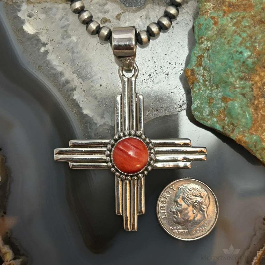 Sterling Silver Southwestern Style Rounded Spiny Oyster Unisex Zia Pendant