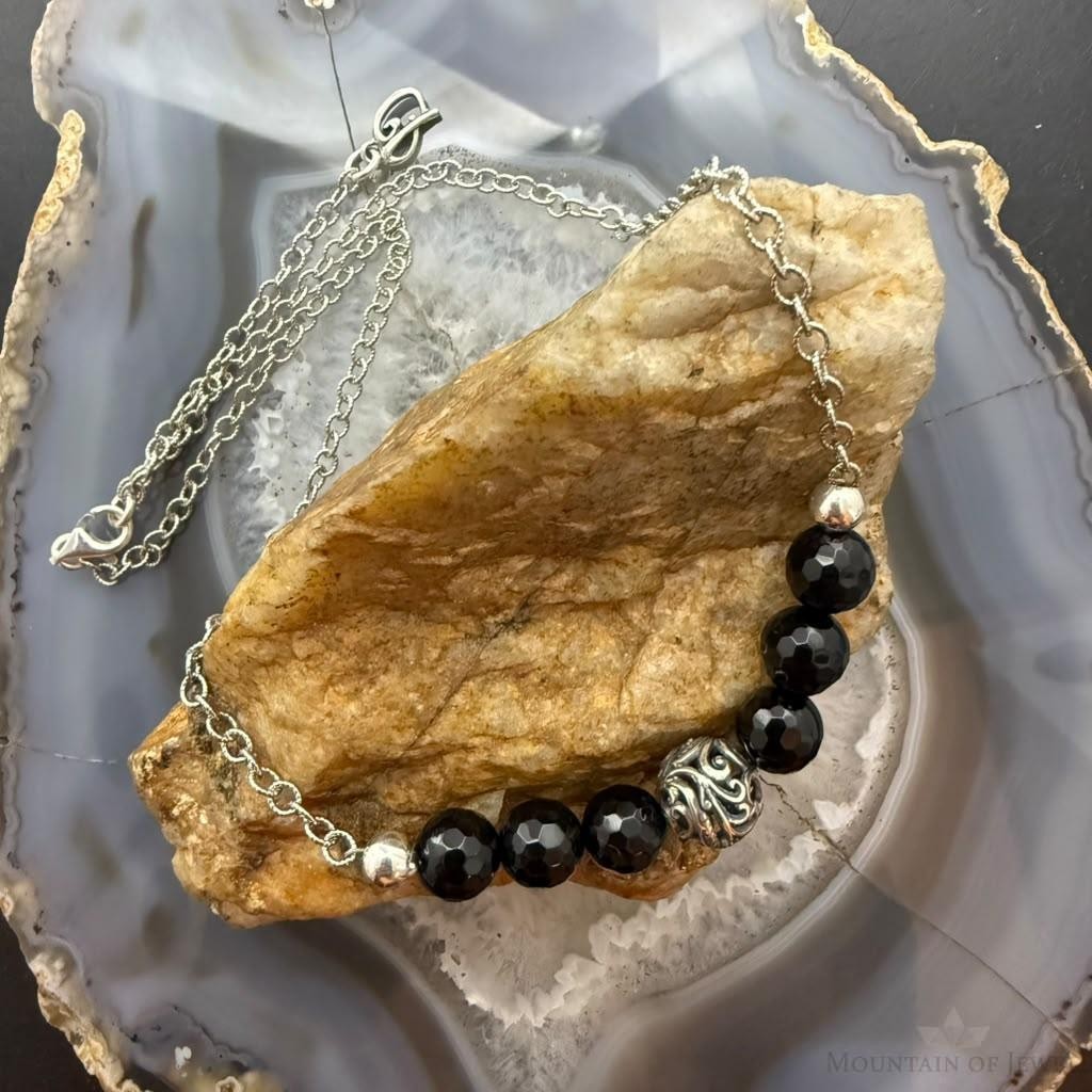 Carolyn Pollack Sterling Silver 6 Faceted Onyx w/Swirl Beads 15"-14" Necklace For Women