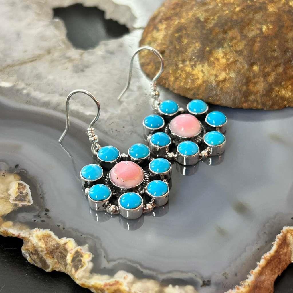 Native American Sterling Silver & Turquoise, Pink Conch Cluster Dangle Earrings For Women