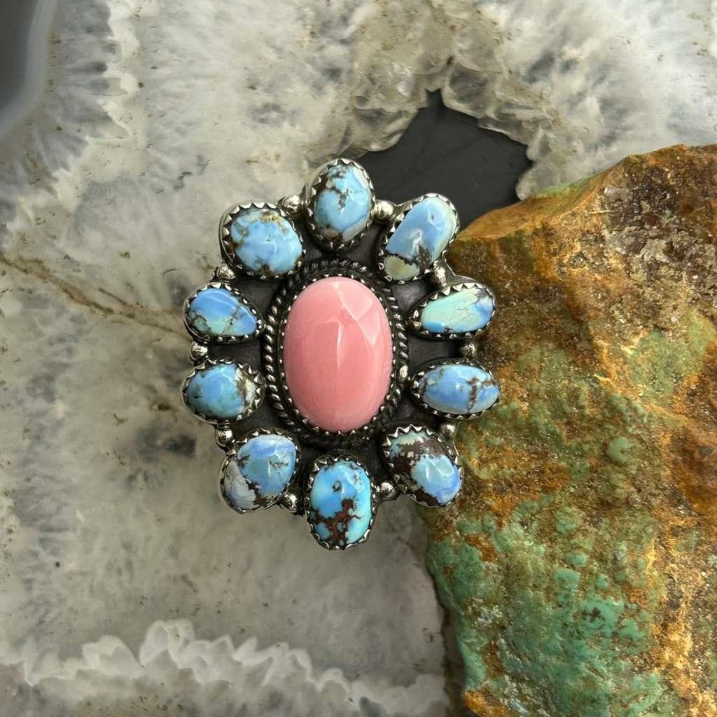 Sterling Silver Southwestern Style Pink Conch &Turquoise Adjustable Cluster Ring For Women