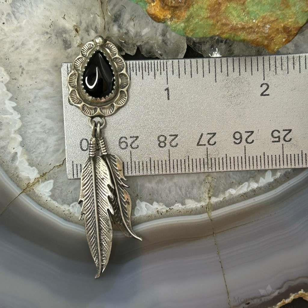 Albert Payton Native American Sterling Silver Teardrop Onyx W/Feathers Dangle Earrings For Women