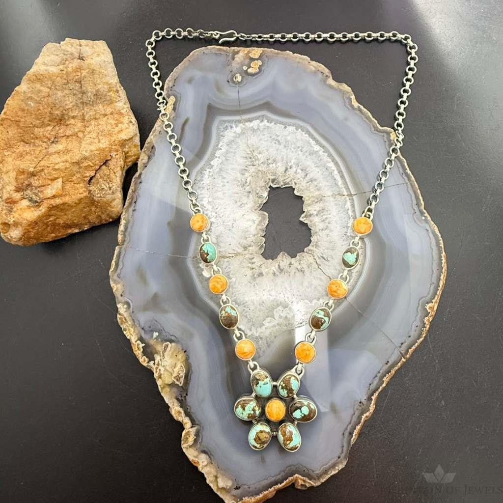 Sterling Silver Southwestern Style Turquoise & Spiny Oyster 21" Necklace For Women