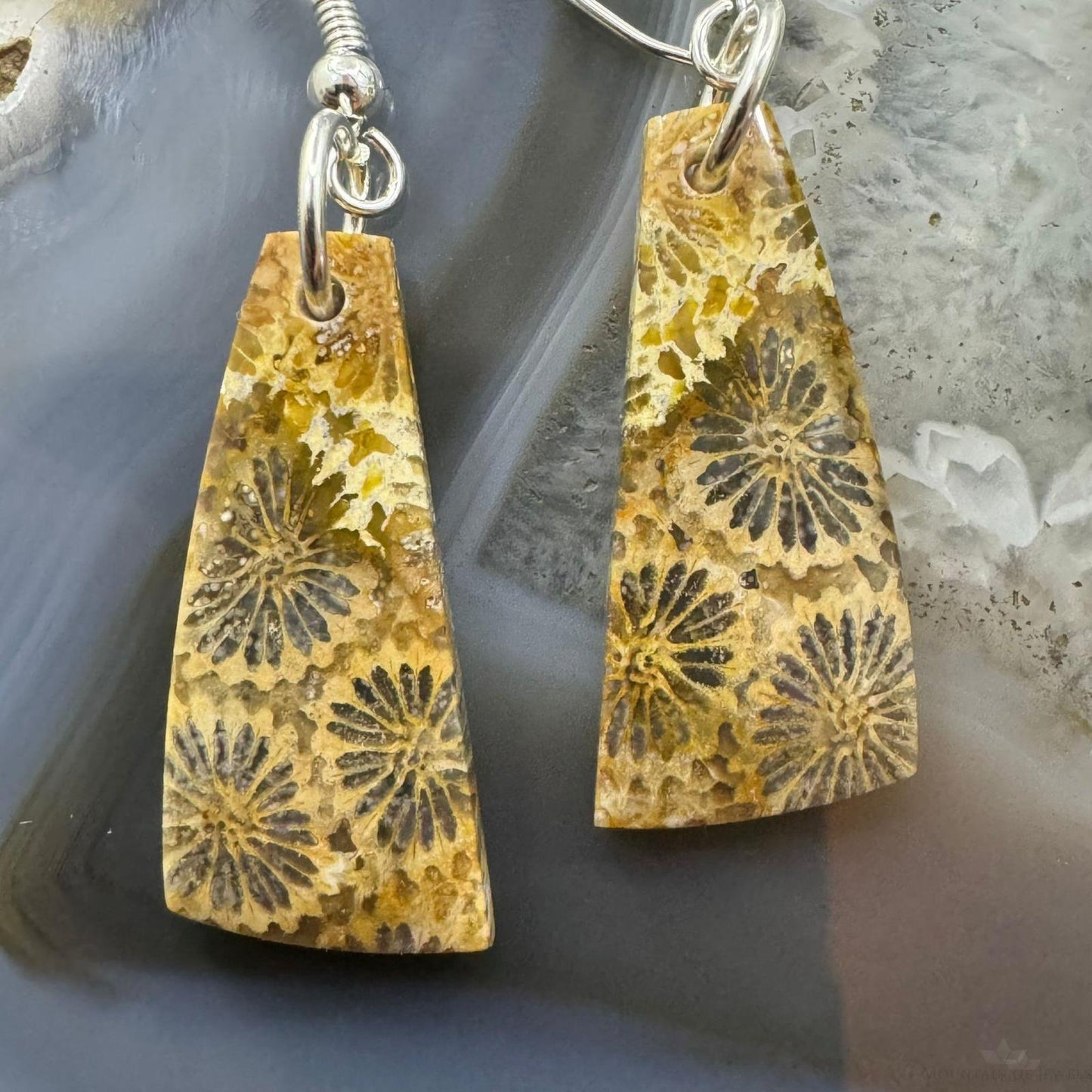 Sterling Silver Triangle Fossilized Jasper Slab Dangle Earrings For Women #198