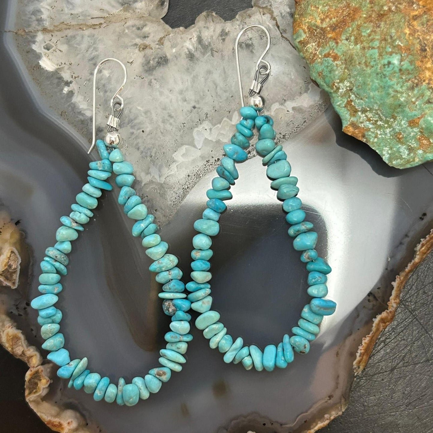 Sterling Silver Blue Natural Turquoise Beads Hoop Earrings For Women