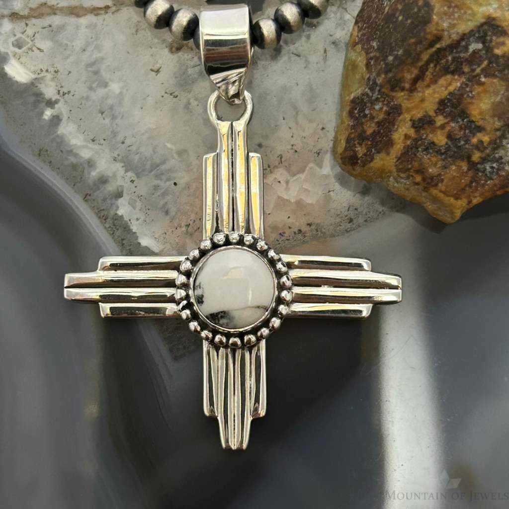 Sterling Silver Southwestern Style Round White Buffalo Unisex Zia Pendant #2