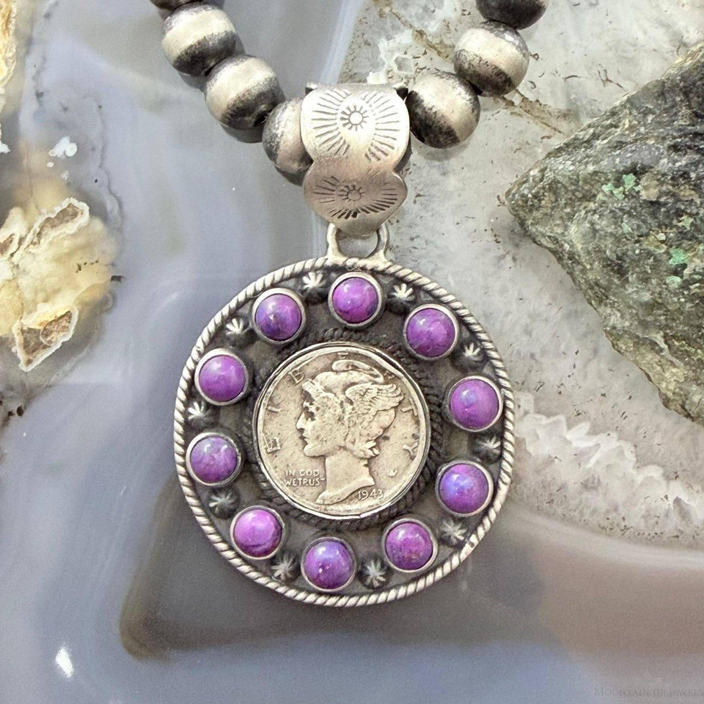 Genuine 1943 90% Silver Mercury Dime Coin w/Purple Dahlia Unisex Decorated Pendant