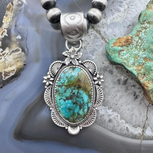 Sterling Silver Southwestern Style Oval Turquoise Decorated Pendant For Women