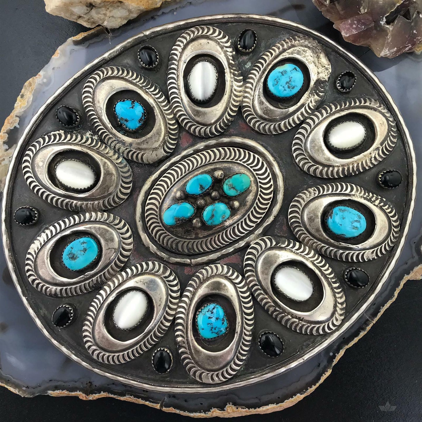 Heavy Silver Belt Buckle Turquoise Mother of Pearl and Onyx Oval Belt Buckle