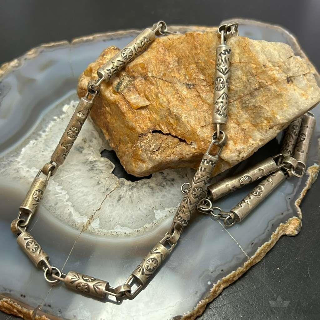 Vintage Silver Stamped Cylinder 24" Fashion Link Necklace For Women