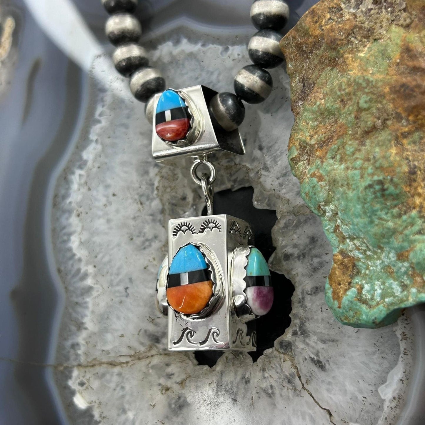 Cliffton Aguilar Santo Domingo Sterling Silver Decorated Multistone Rectangular Pendant