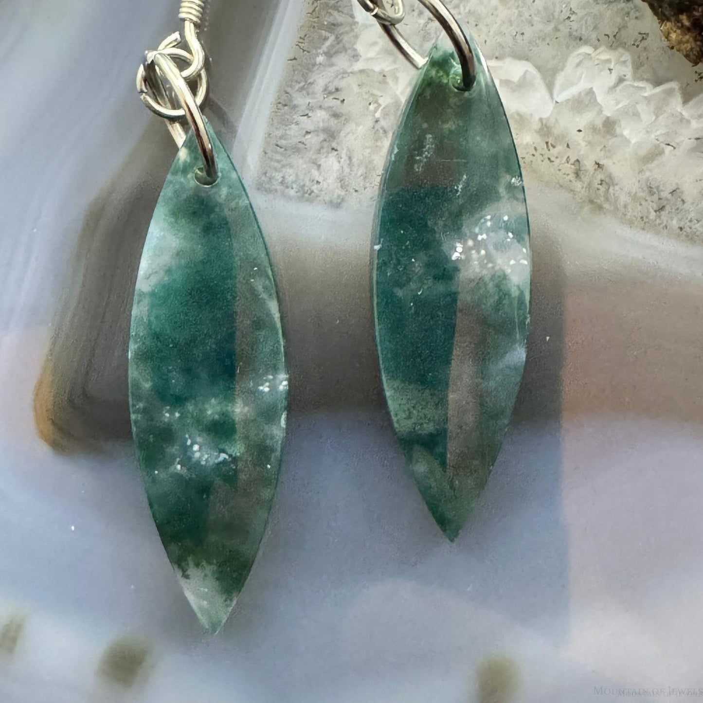 Sterling Silver Elongate Marquise Moss Agate Slab Dangle Earrings For Women #233