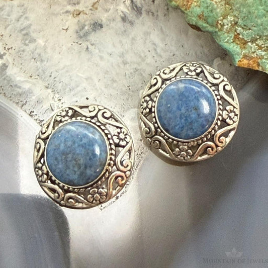 Carolyn Pollack Sterling Silver Round Denim Lapis Clip-On Stud Earrings For Women