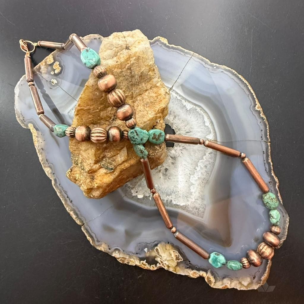 Southwestern Style 3-9.5mm Copper Navajo Pearl Round,Cylinder w/Carico Lake Turquoise 22" Necklace For Women