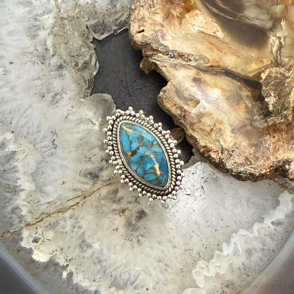 Sterling Silver Southwestern Style Marquise Copper Turquoise Ring For Women