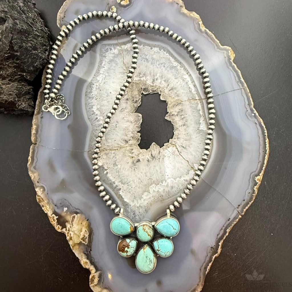 Sterling Silver Southwestern Style Turquoise #8 Cluster 23" Lariat Necklace For Women