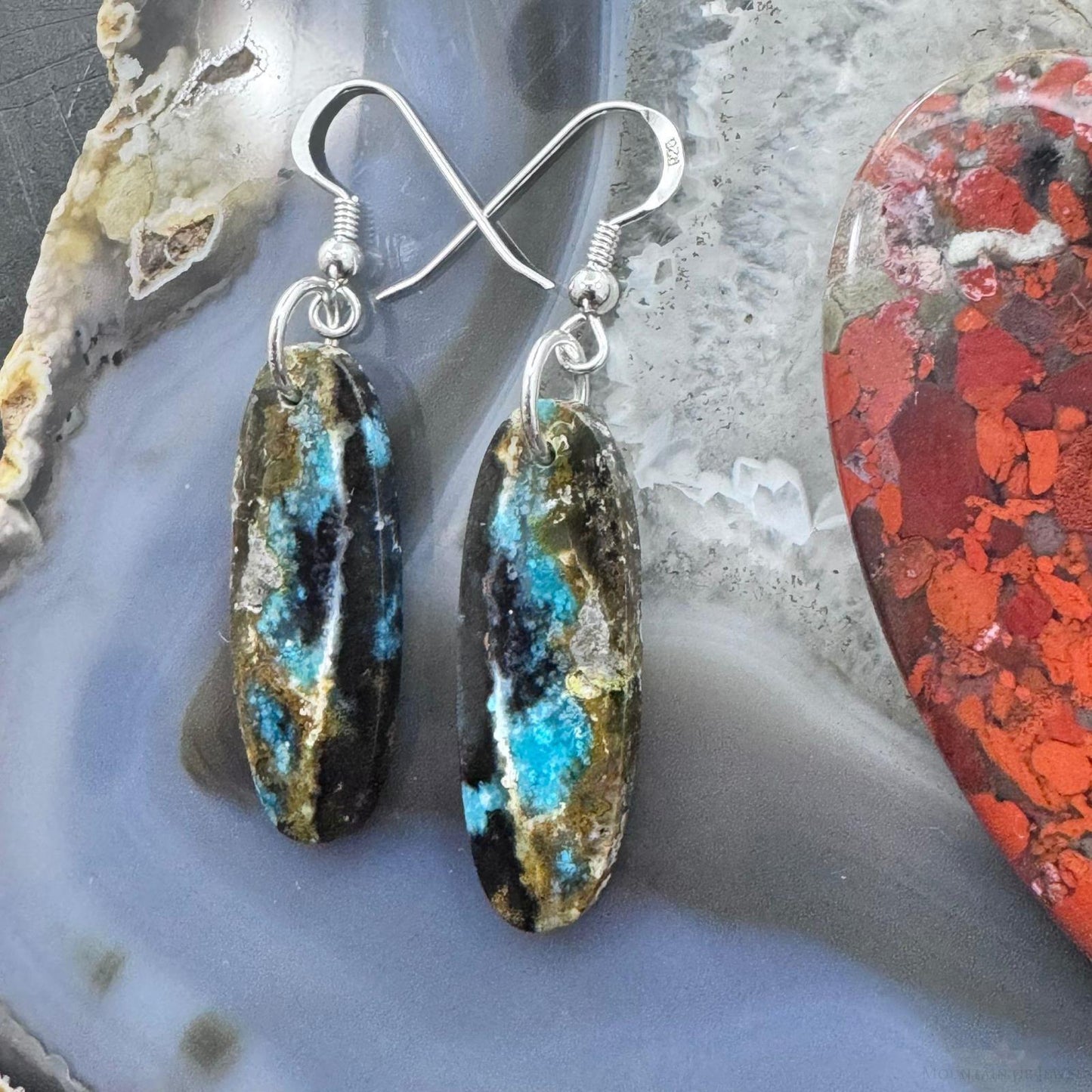 Sterling Silver Oval Chrysocolla Slab Dangle Earrings For Women #216