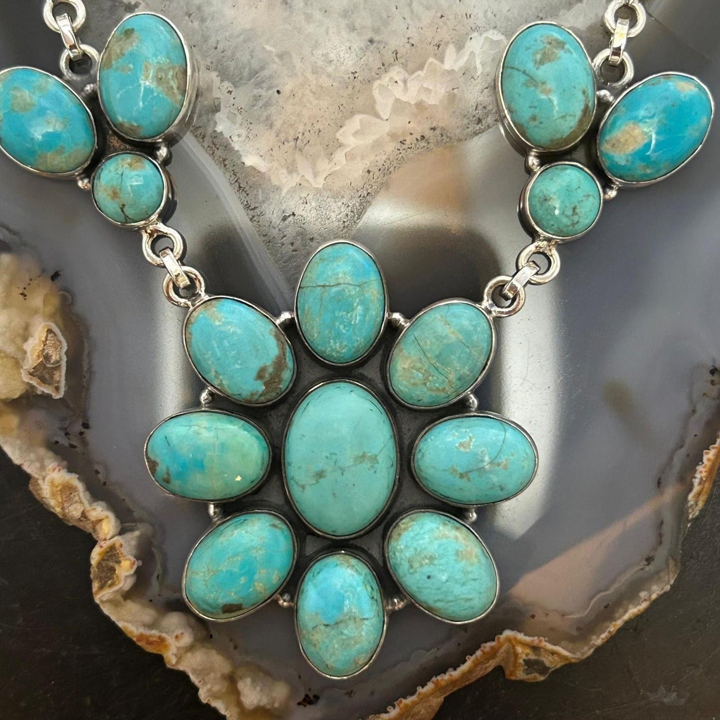 Sterling Silver Southwestern Style Royston Turquoise Cluster 18" Necklace For Women