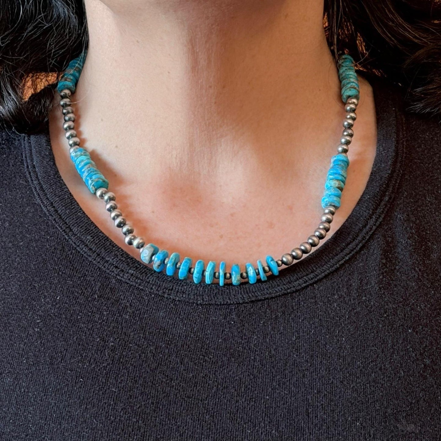 Sterling Silver Southwestern Style Blue Turquoise Beads & Starling Beads 19" Necklace For Women