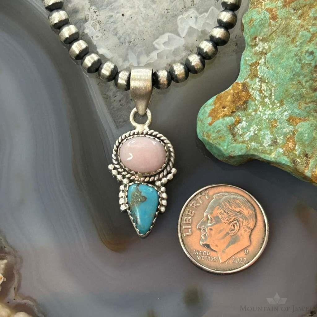 Sterling Silver Southwestern Style Pink Conch & Turquoise Pendant For Women