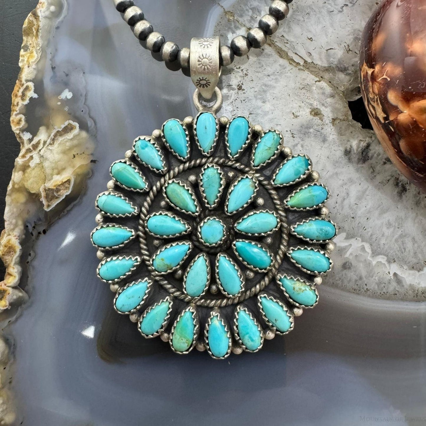 Sterling Silver Southwestern Style Teardrop Turquoise Round Cluster Pendant For Women