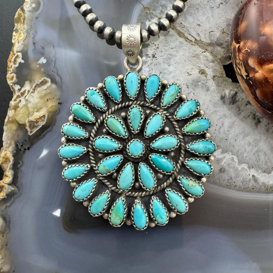 Sterling Silver Southwestern Style Teardrop Turquoise Round Cluster Pendant For Women