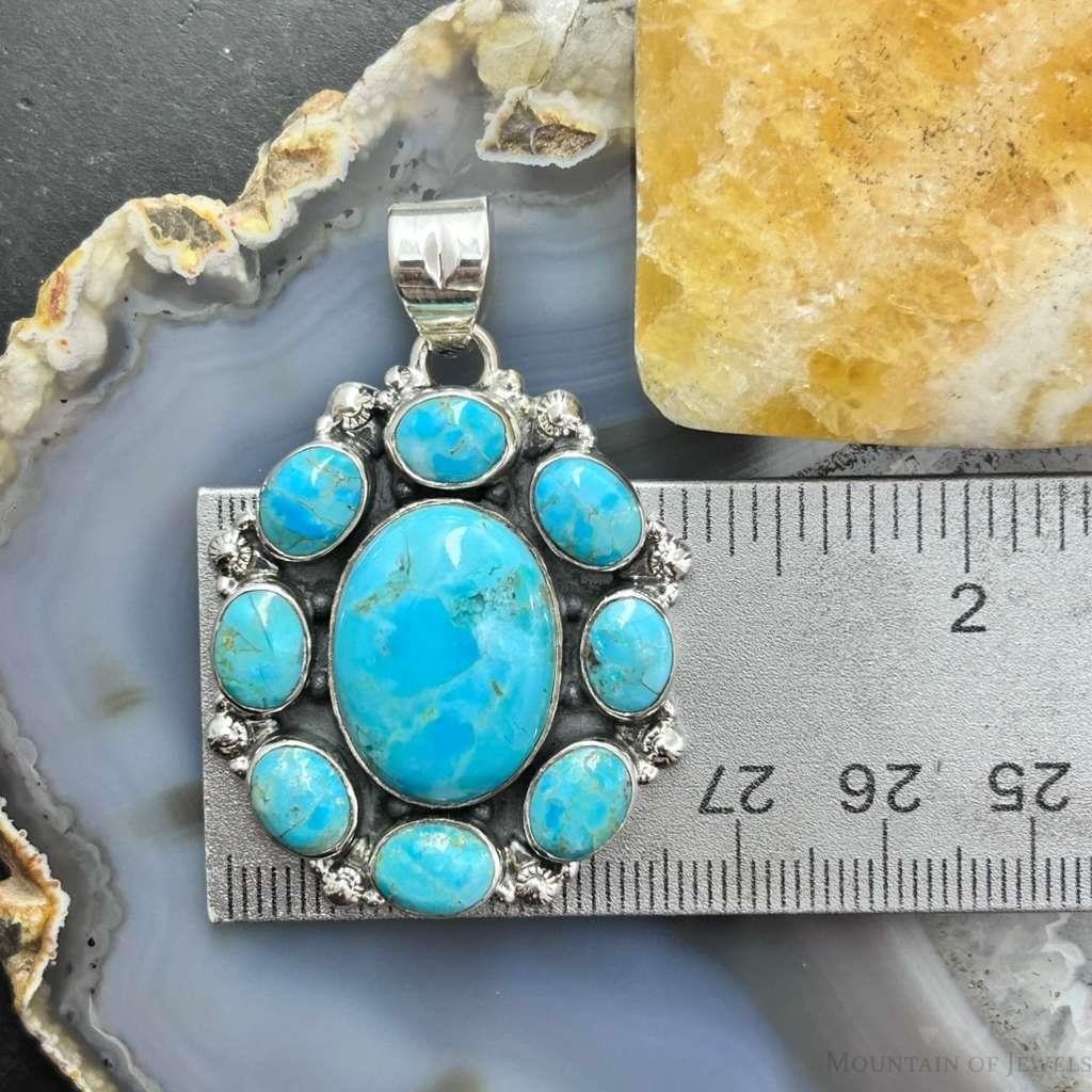 Sterling Silver Southwestern Style Mohave Turquoise Cluster Pendant For Women