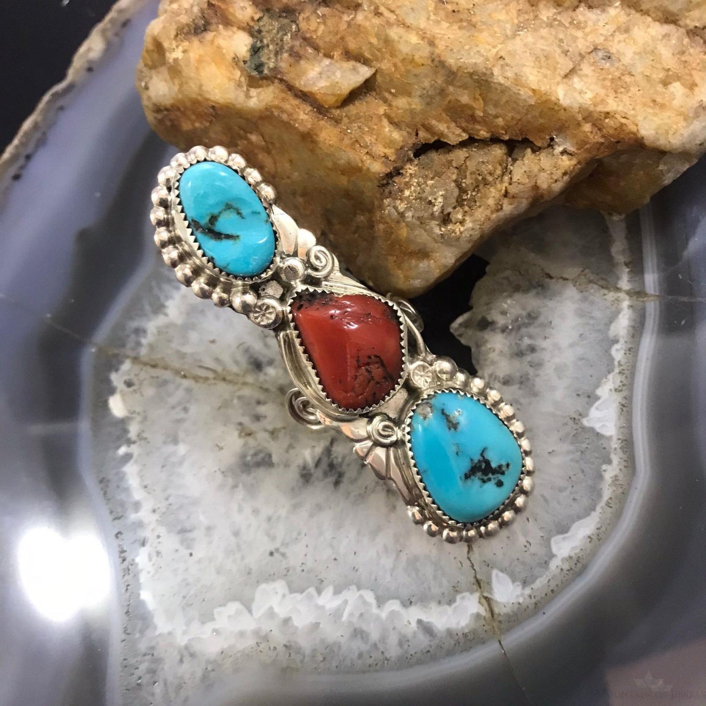 Silver Ray Sterling Silver 2 Turquoise 1 Coral Decorated Ring Size 8.5 For Women