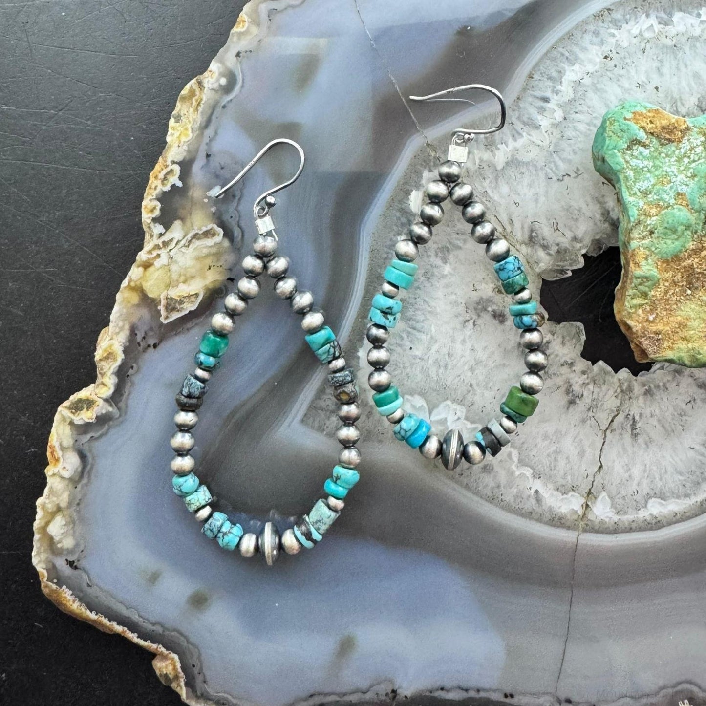 Sterling Silver Southwestern Style Navajo Pearl & Turquoise Bead Hoop Earrings For Women