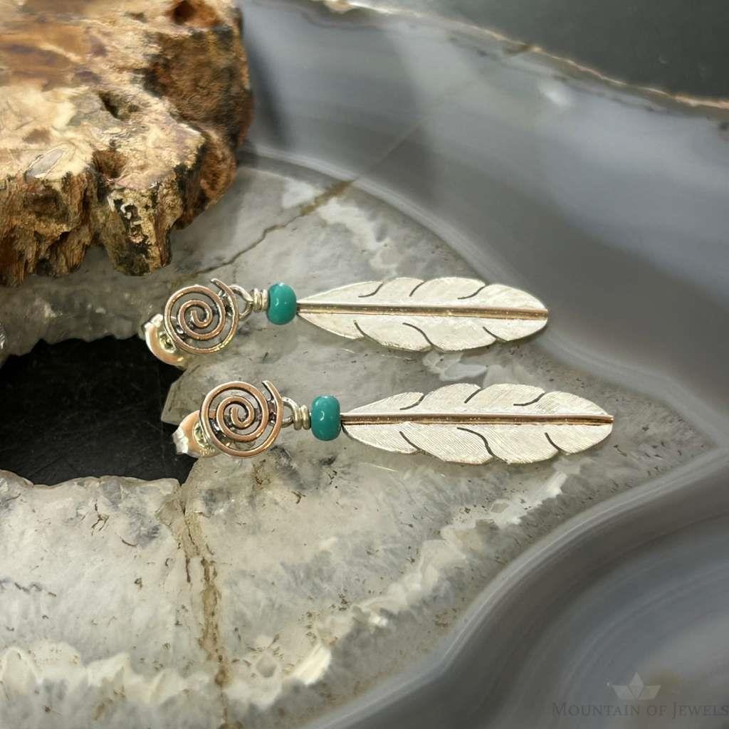 Anthony Gatewood Sterling Silver & Turquoise Spiral Feather Dangle Earrings For Women