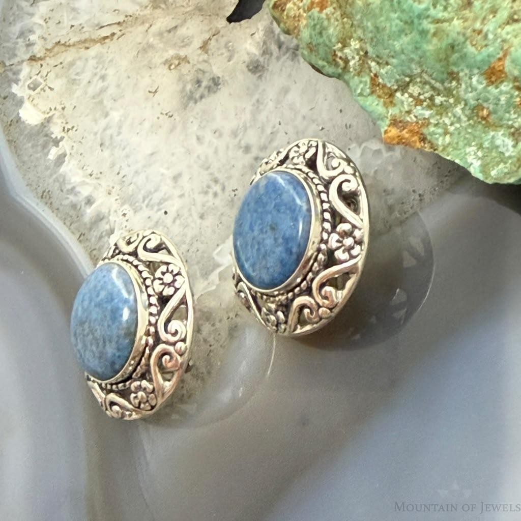 Carolyn Pollack Sterling Silver Round Denim Lapis Clip-On Stud Earrings For Women