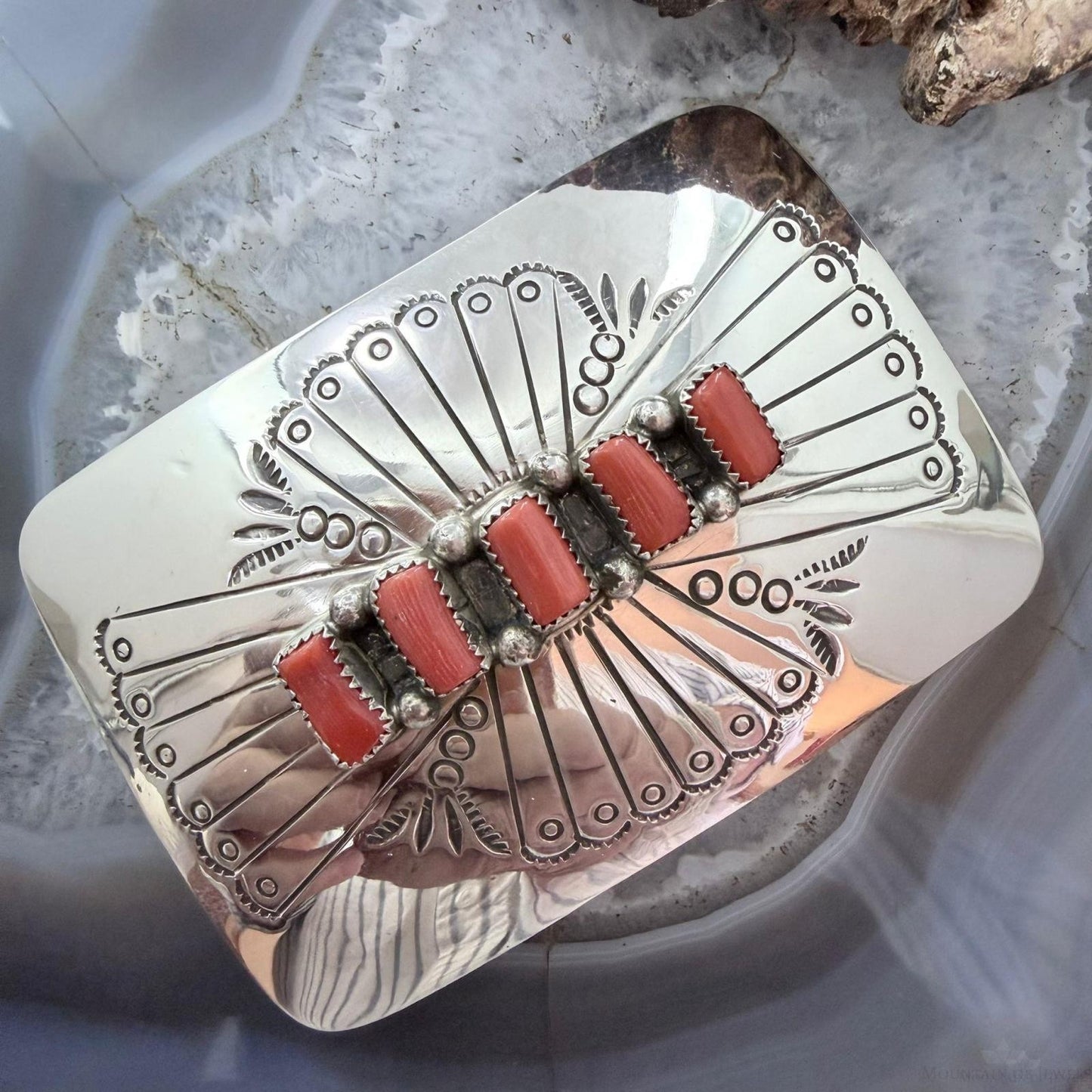 Joann Begay Native American Sterling Silver 5 Coral Stamped Belt Buckle For Men