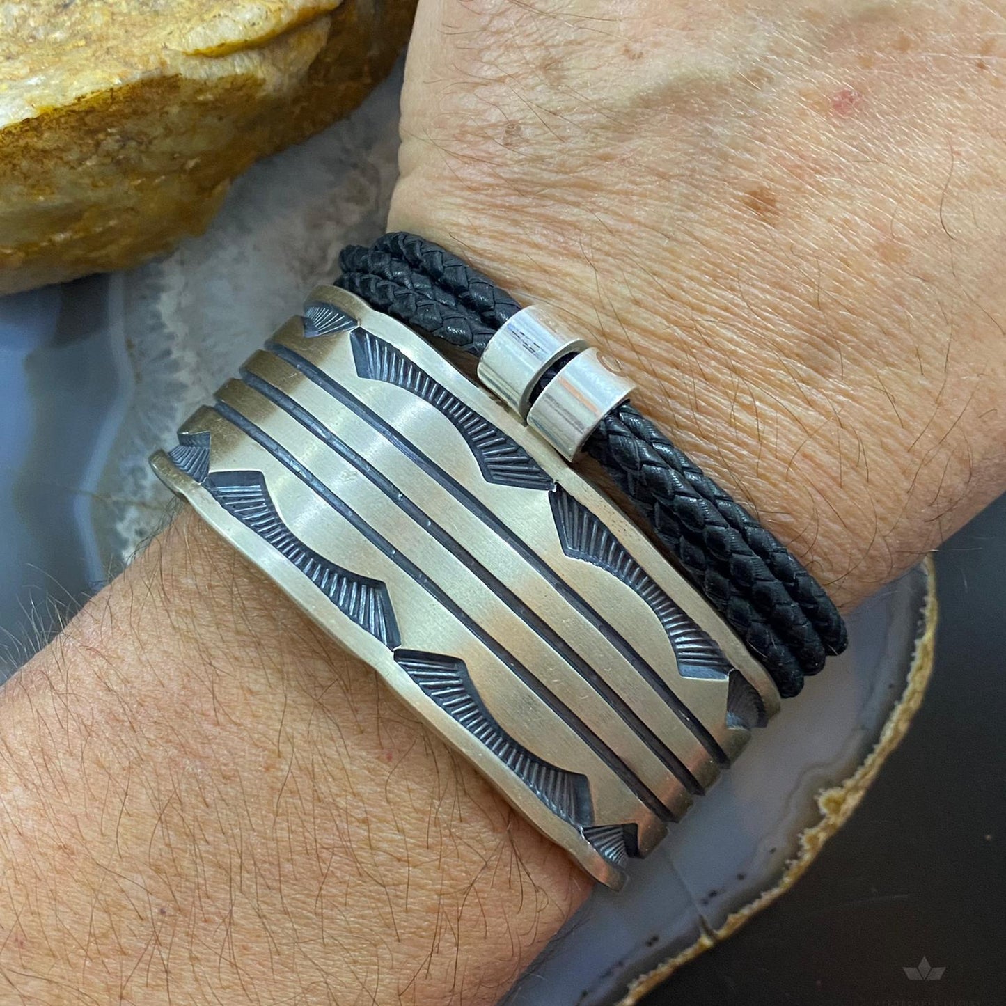 Jerrold Tahe Native American Sterling Heavy Gauge Engraved Bracelet For Men