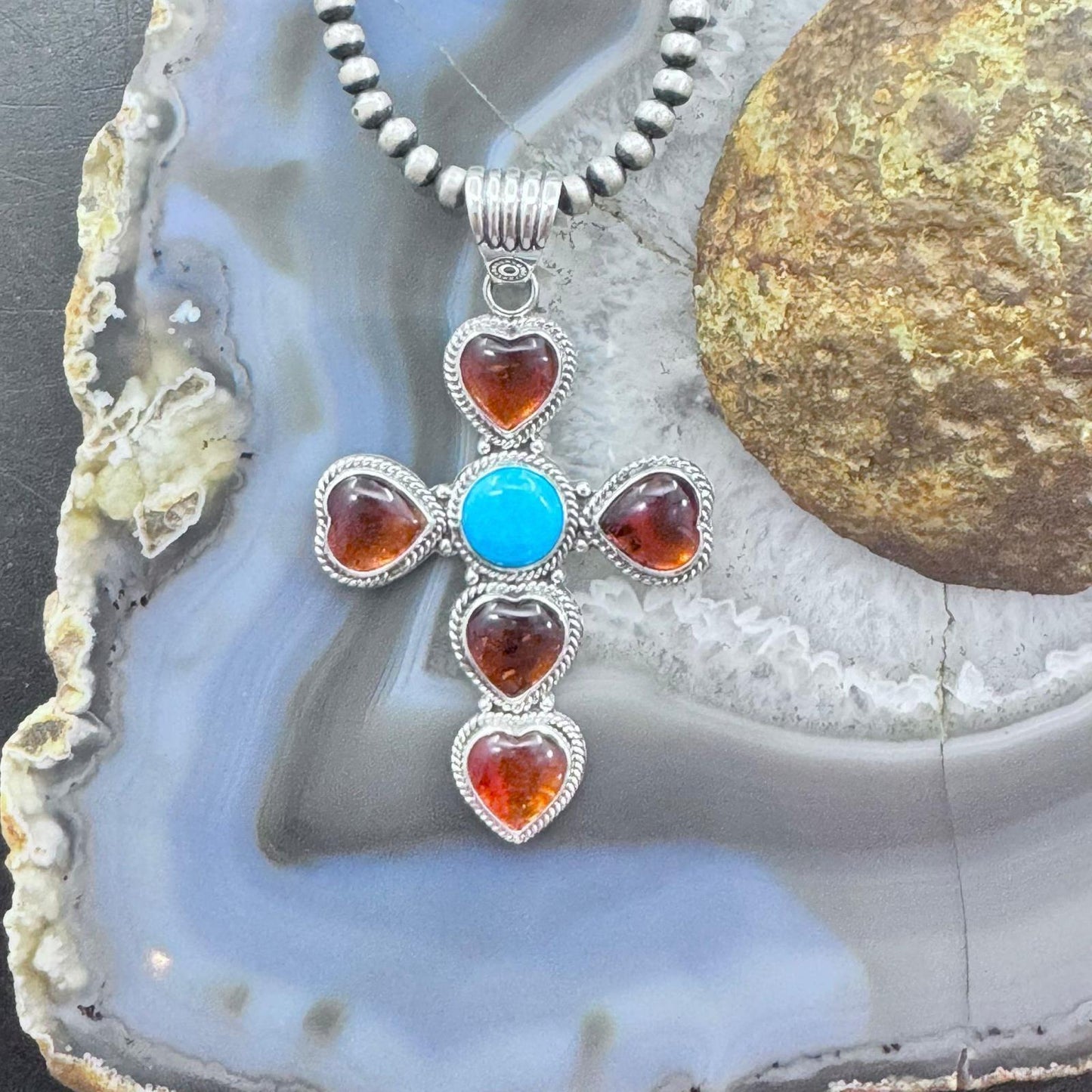 Native American Sterling Silver Turquoise & Amber Cross Pendant For Women