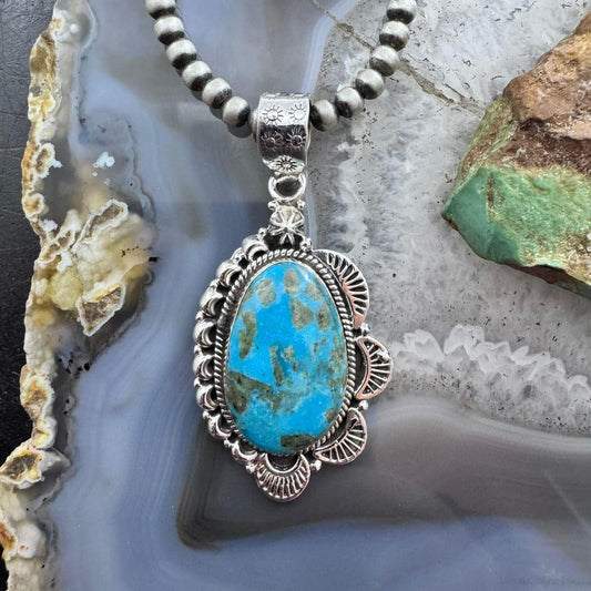 Sterling Silver Southwestern Style Large Turquoise Decorated Pendant For Women