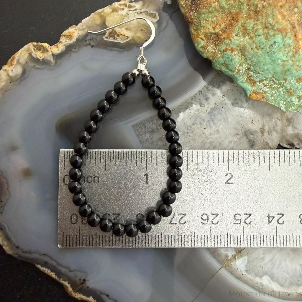 Sterling Silver 4mm Onyx Beads Hoop Dangle Earrings For Women