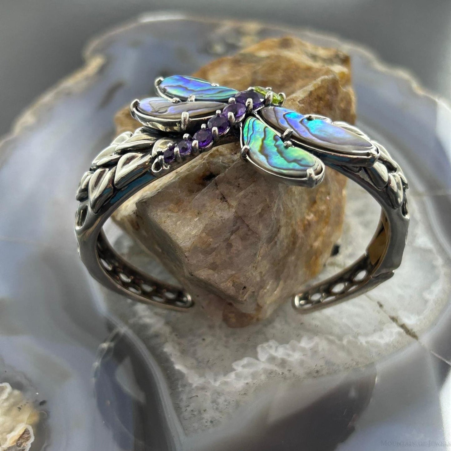 Carolyn Pollack Sterling Silver Multi Gemstone Dragonfly Decorated Hinged Cuff Bracelet