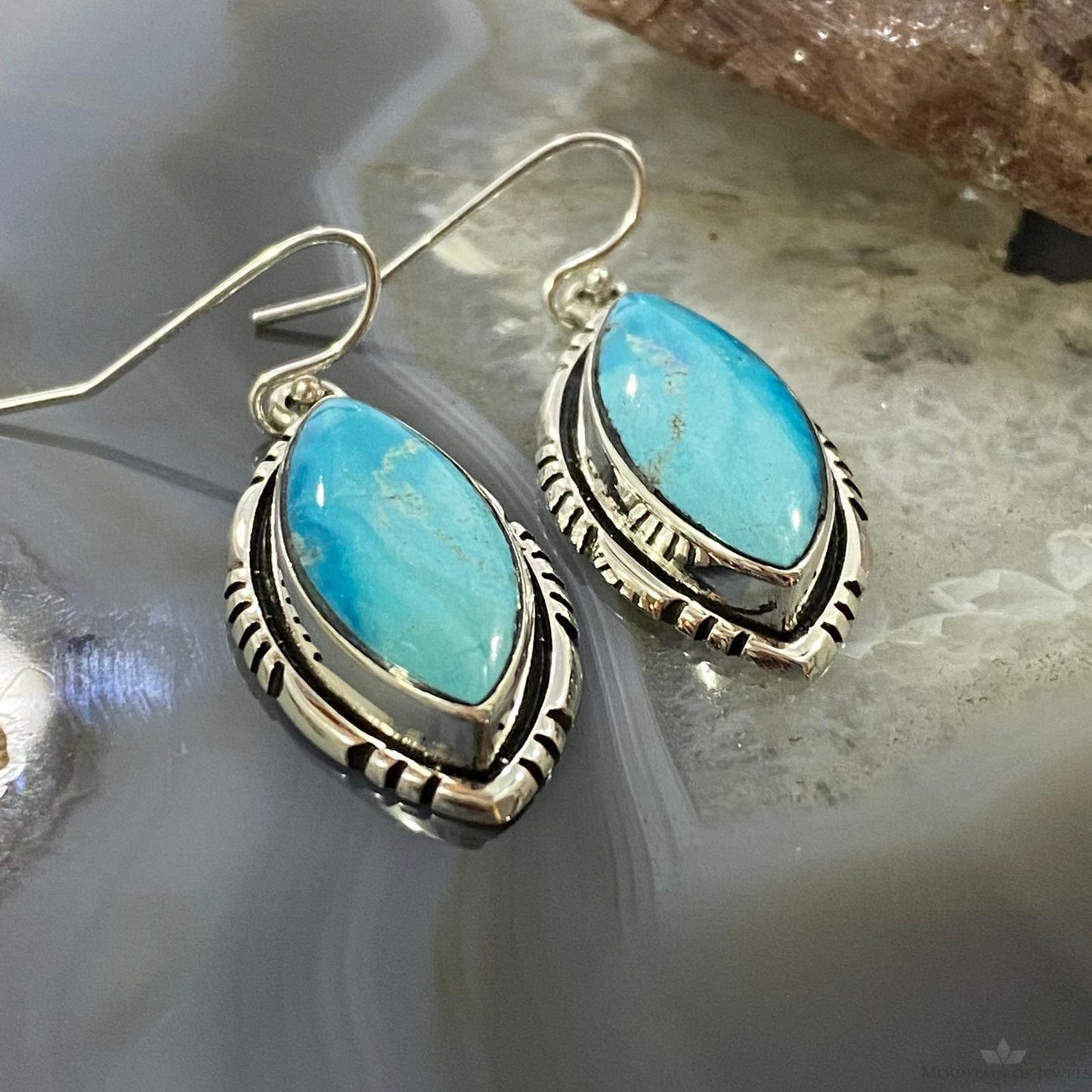 Native American Sterling Silver Marquise Blue Ridge Turquoise Dangle Earrings For Women #1