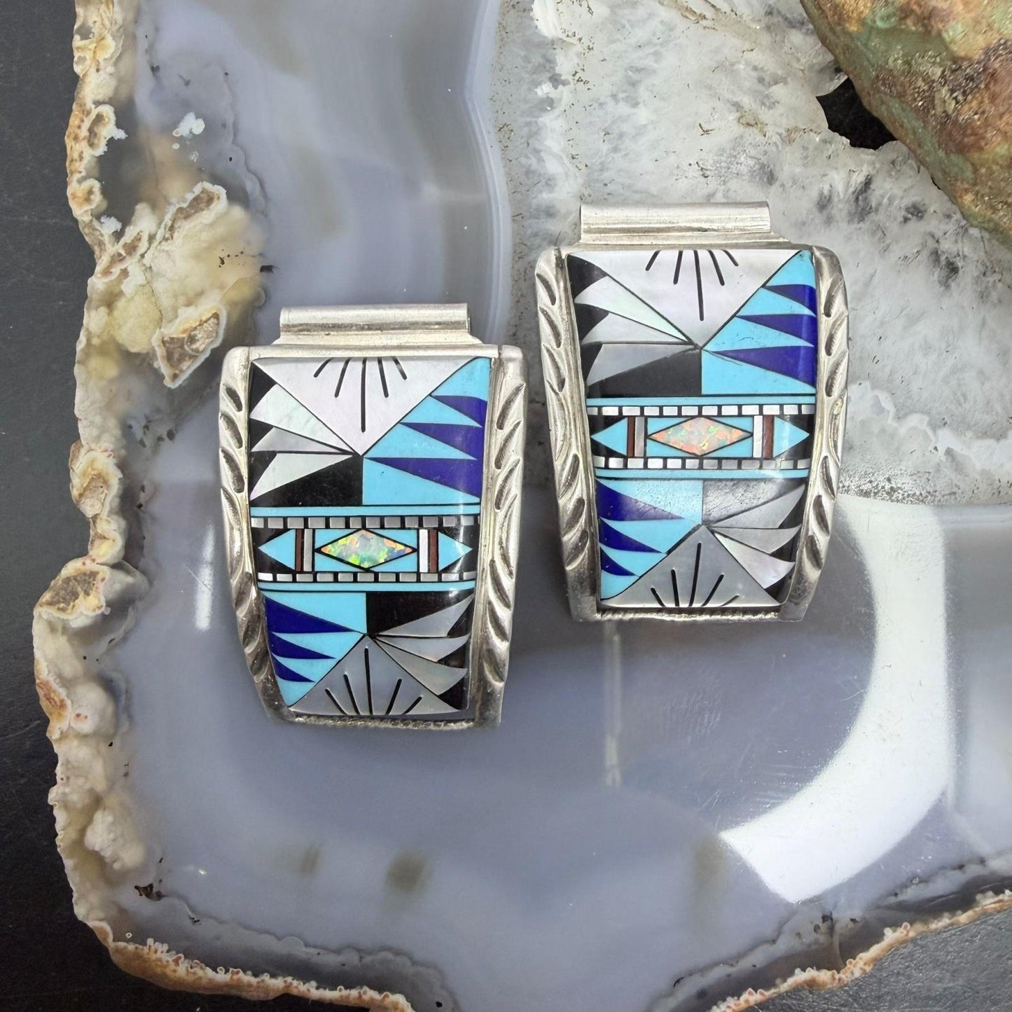 Native American Vintage Sterling Silver Multi Gemstone Inaly Watch Band Tips