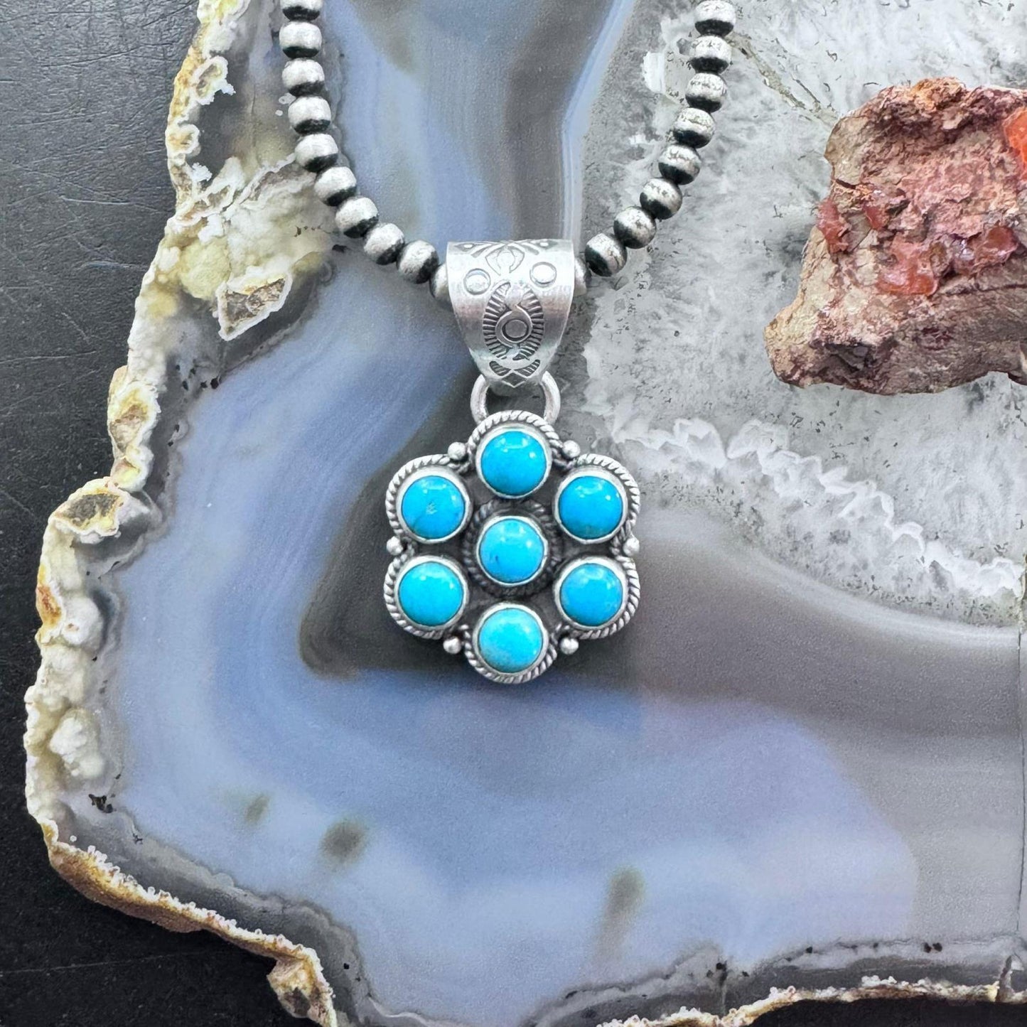 Native American Sterling Silver Turquoise Decorated Cluster Pendant For Women