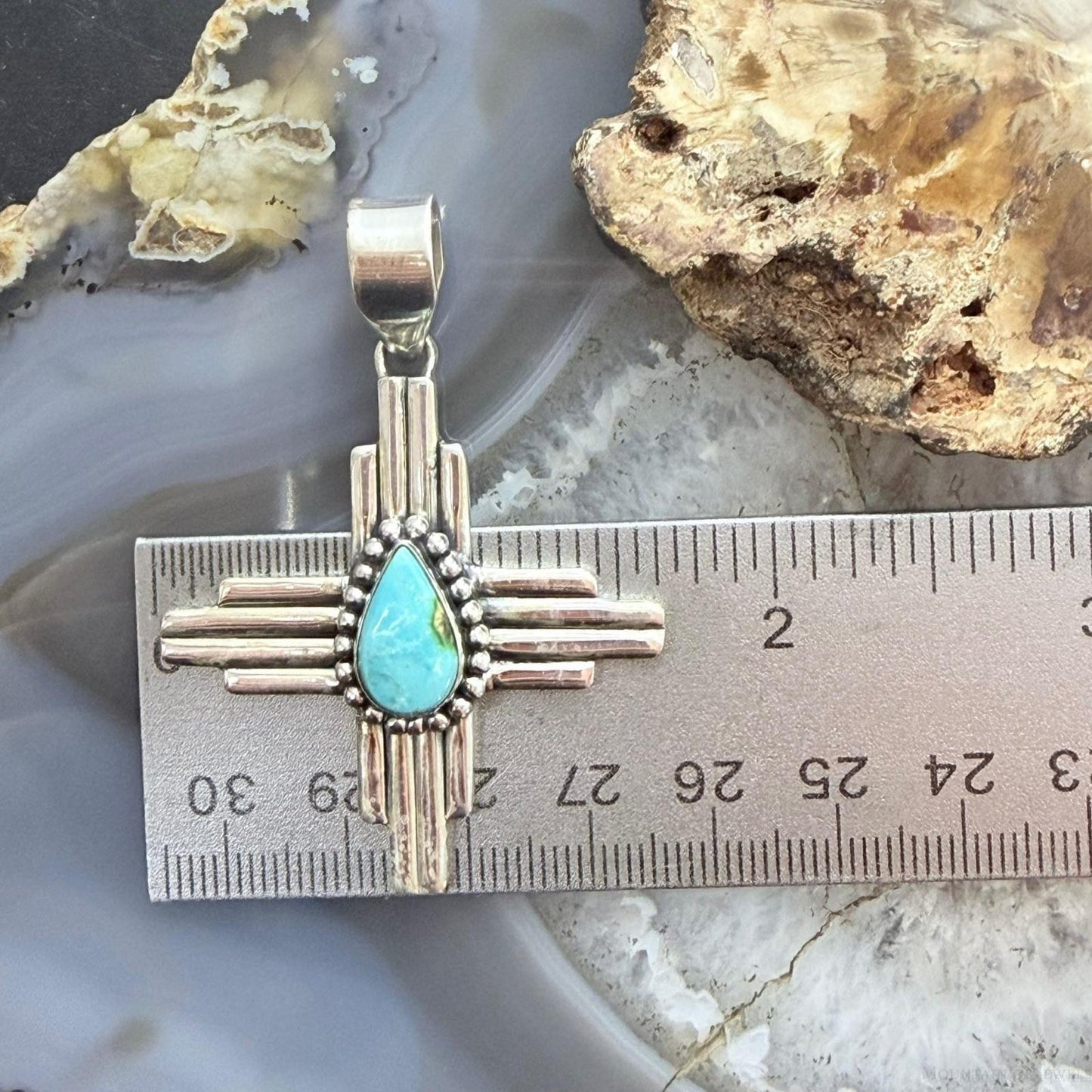 Sterling Silver Southwestern Style Teardrop Turquoise Unisex Zia Pendant