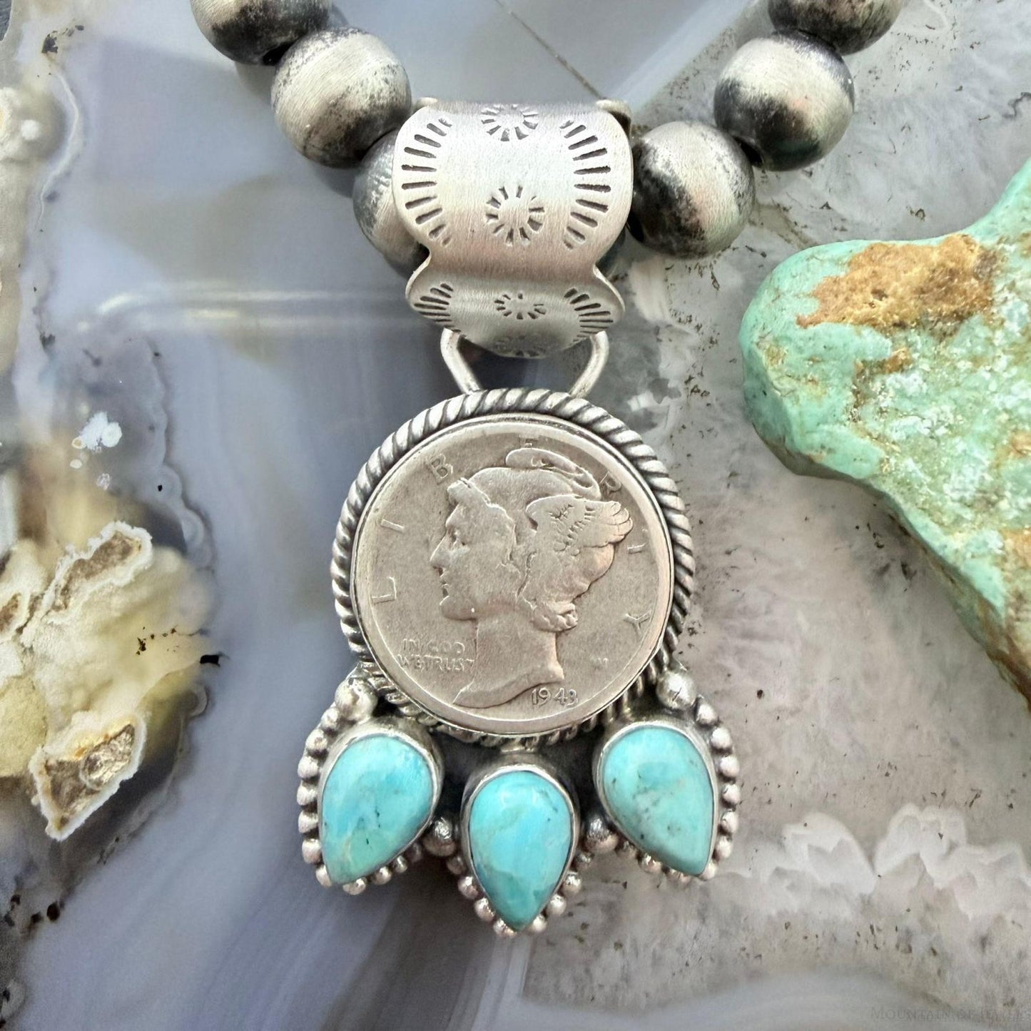 Genuine 1943 90% Silver Mercury Dime Coin w/Teardrop Turquoise Decorated Pendant