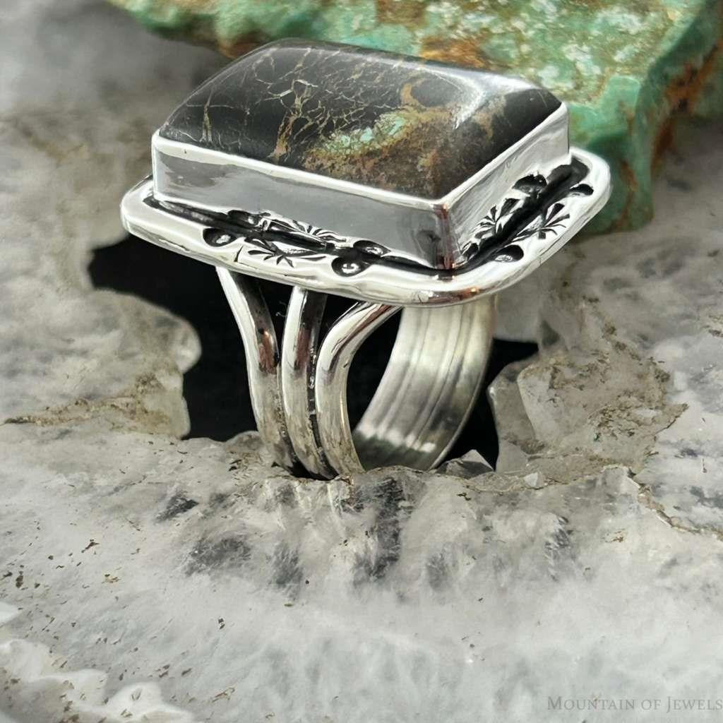 Native American Sterling Silver Rectangle Black Jack Bar Ring Size 6.5 For Women