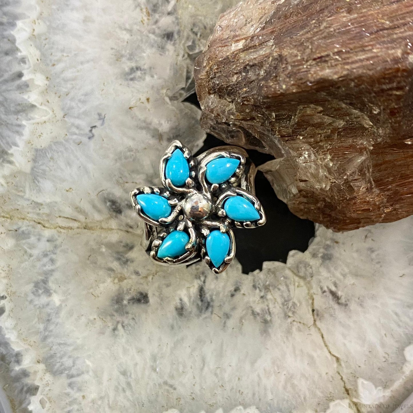 Carolyn Pollack Southwestern Style Sterling Sleeping Beauty Turquoise Flower Cluster Ring For Women