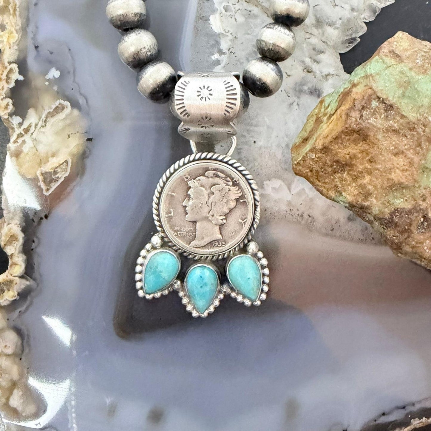 Genuine 1935 Silver 90% Silver Mercury Dime Coin Mohave Turquoise Unisex Sterling Silver Pendant