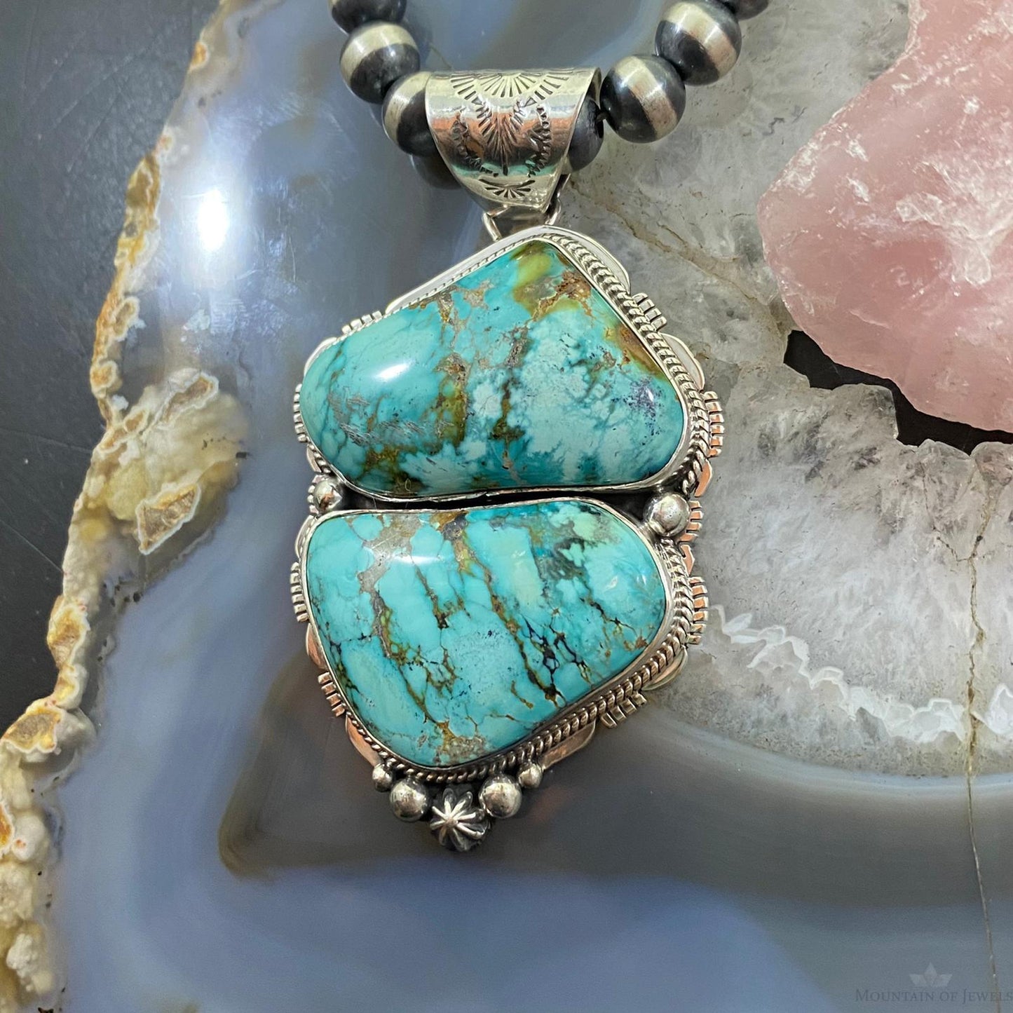 Signed Native American Sterling Silver Chunky Turquoise Unisex Pendant