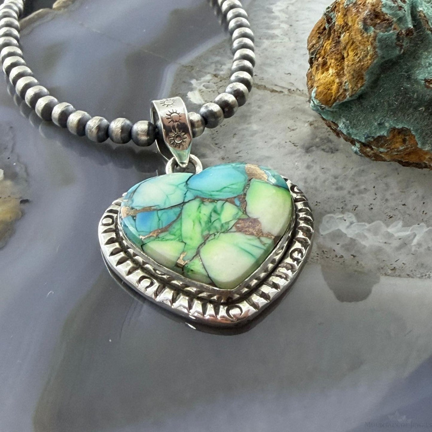 Sterling Silver Southwestern Style Mohave Green Turquoise Heart Pendant For Women