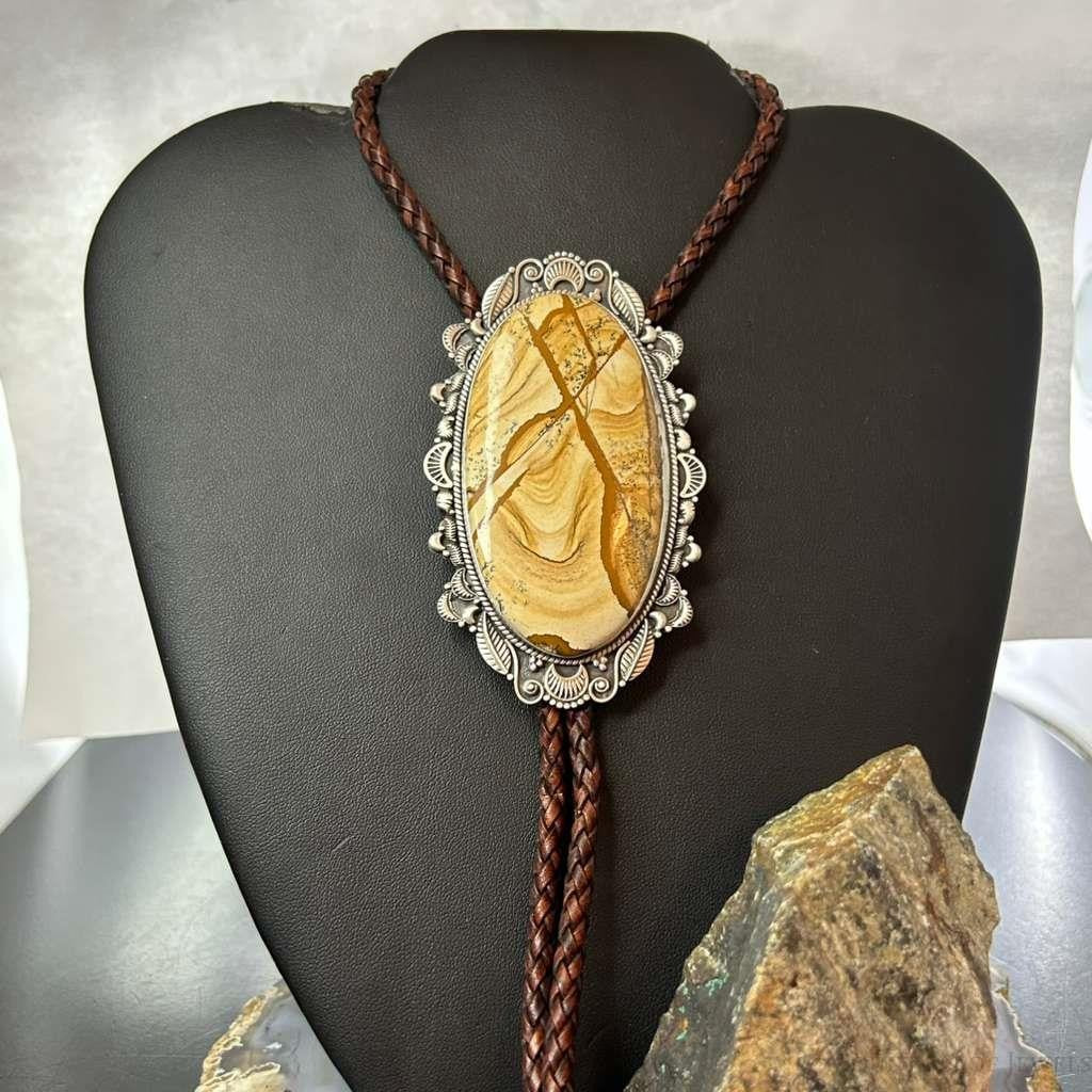 Sterling Silver Southwestern Style Oval Picture Jasper Decorated Bolo Tie For Men