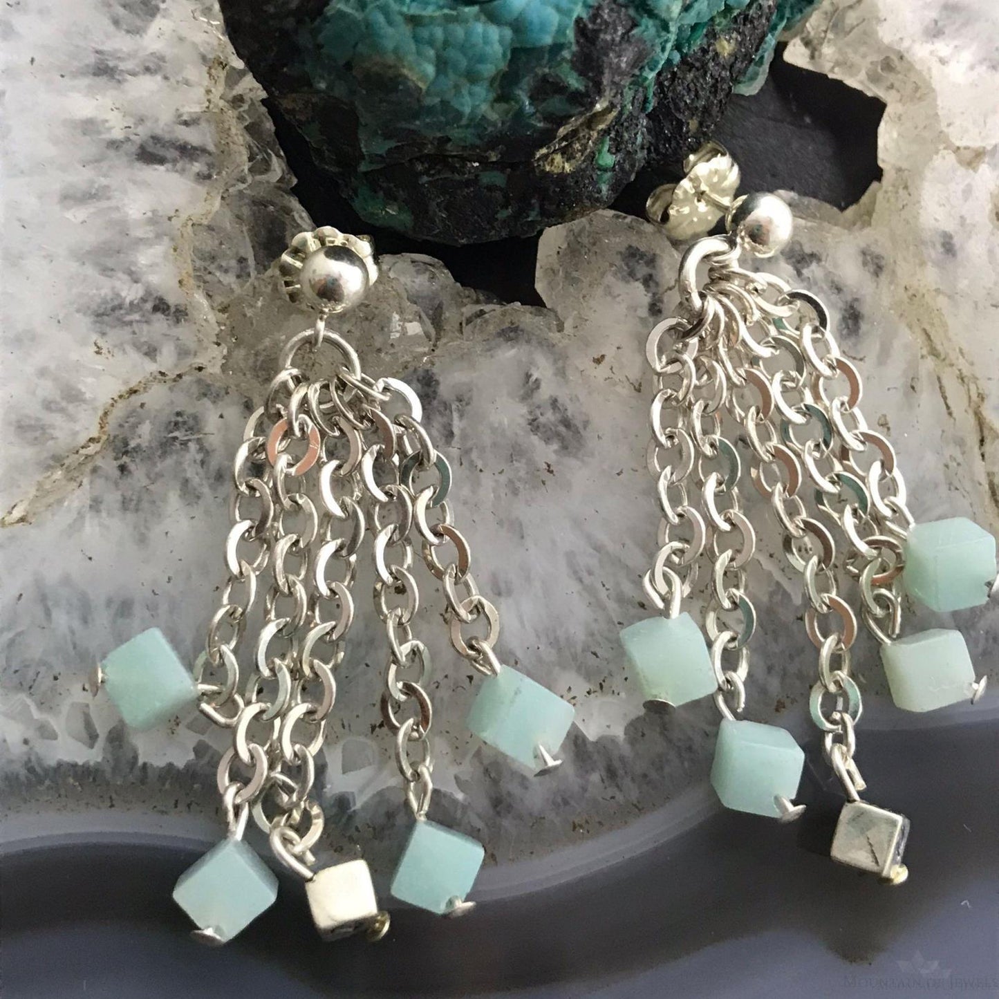 Carolyn Pollack Sterling Silver Tiny Amazonite Cube Bead Chandelier Dangle Earrings For Women