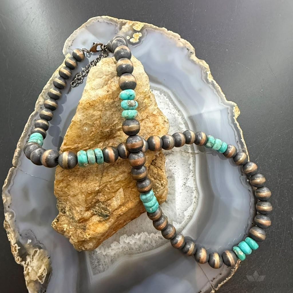 Southwestern Style Copper 8mm Navajo Pearl Round & Turquoise 18"-20" Necklace For Women